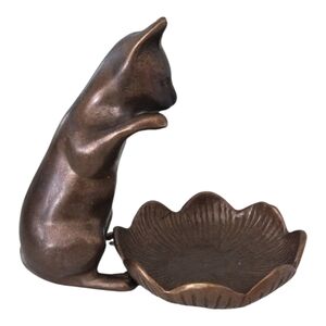 Vintage - Metal Cat Figurine with Lotus Flower Bowl